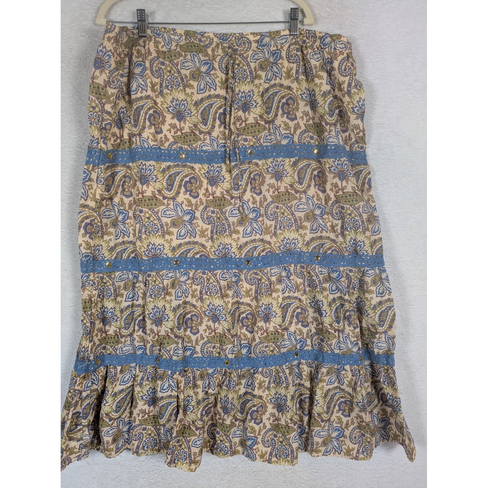 Dressbarn Skirt Women's 18/20 Blue Tan Paisley Tiered Lace Trim Midi Boho